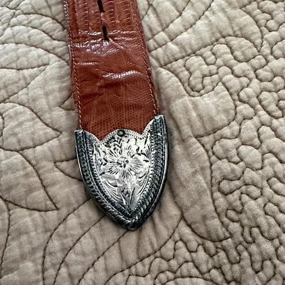 VTG Tony Lama Brown Leather & Lizard Western Belt with Silver Tip, Size 36 - Picture 13 of 13